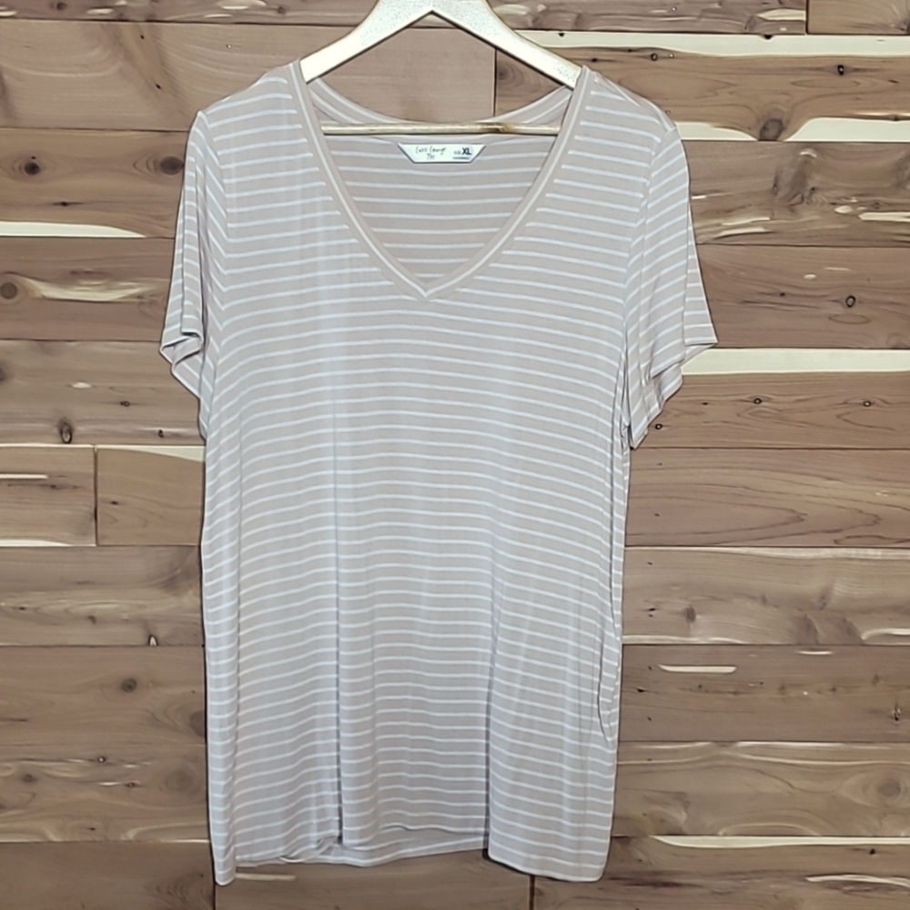 Luxe Lounge Tee Short-Sleeve Top, Size XL, Baby Pink & White Stripes.